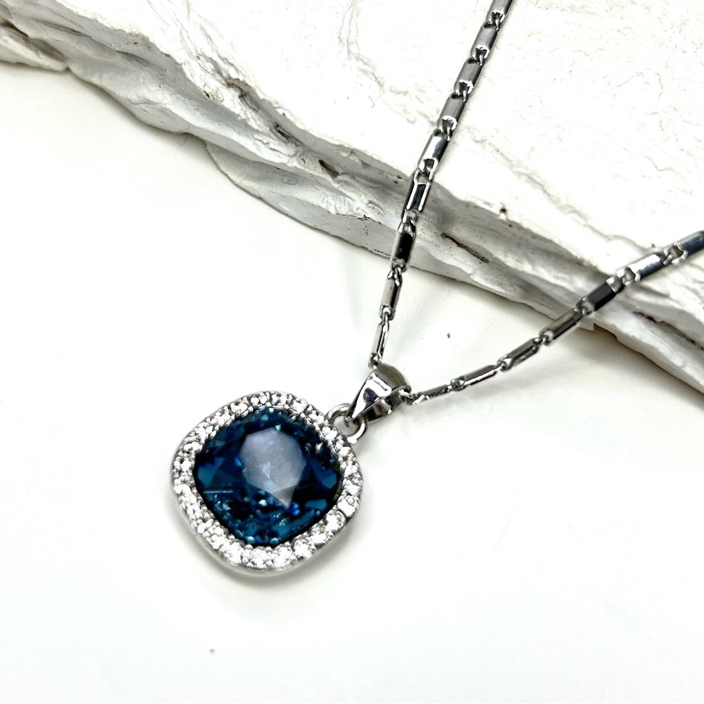 Square Shaped Blue and Clear Halo Necklace made with Swarovski Crystals